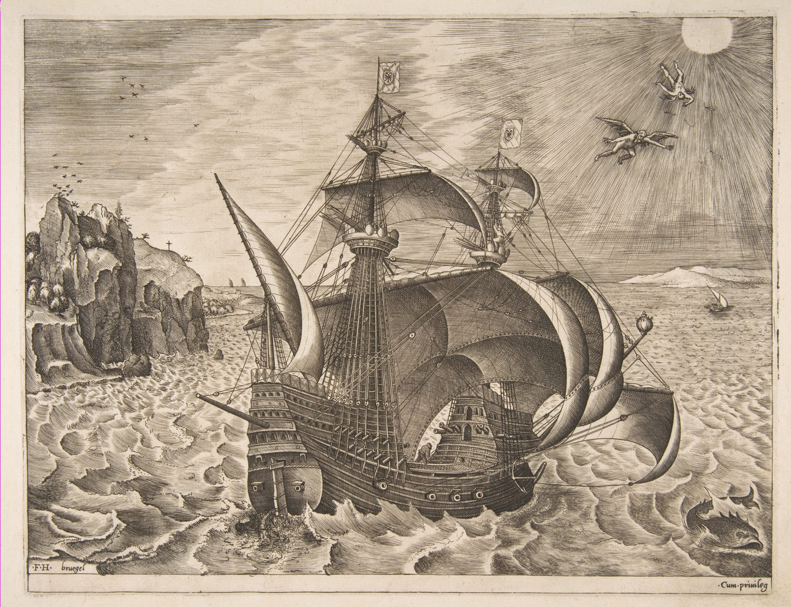 Engraving of a heavily armed three-masted ship under sail; high in the sky, Daedalus flies on and Icarus falls from the sun.