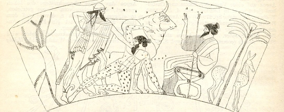 Line drawing from a Greek vase: Hermes strikes Argus, whose body is covered in eyes, while Zeus watches from his throne.